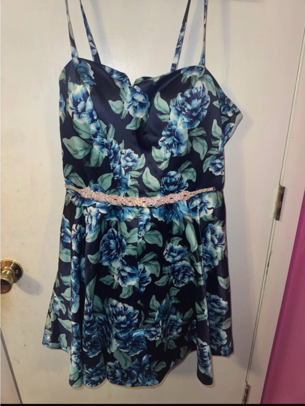 Rachel Allan Navy Blue Floral Spaghetti Strap Dress with Beaded Waist